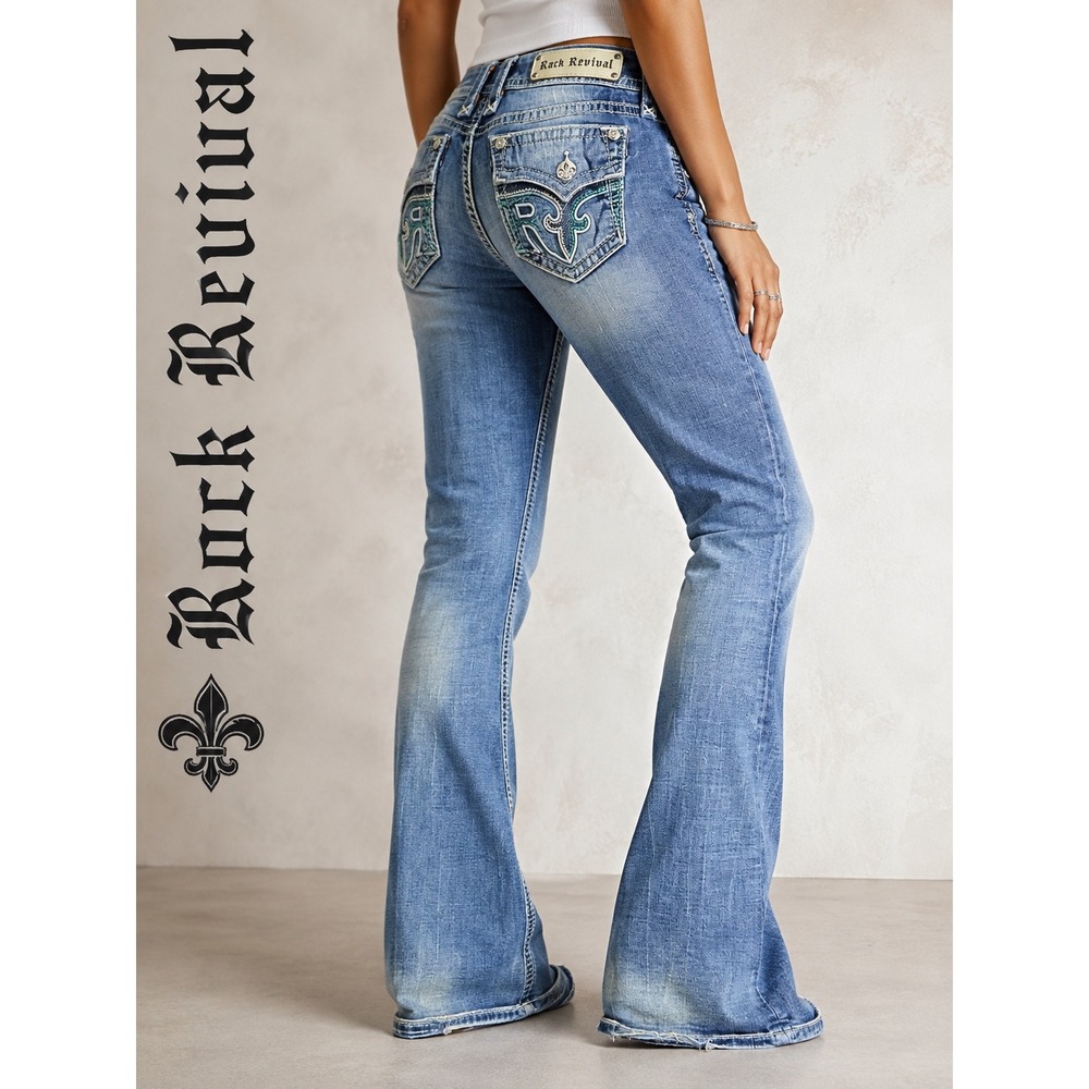 Rock Revival Sundee Easy Boot Jean Women 32 Medium Wash Teal Embroidered Pockets